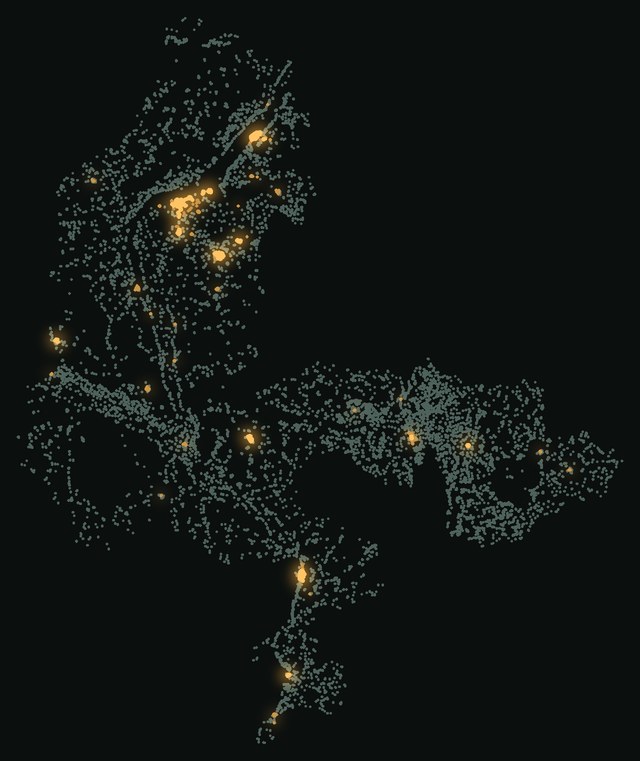 Night map of Kebbi's 14,086 named villages: amber where light is seen, grey where it is not